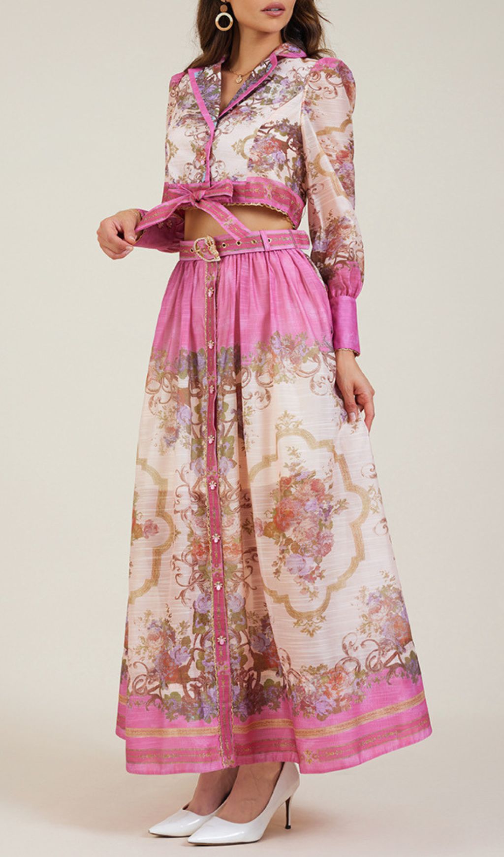 Gretchen Pink Flower Printed Long Sleeve Blouse & Skirt Set
