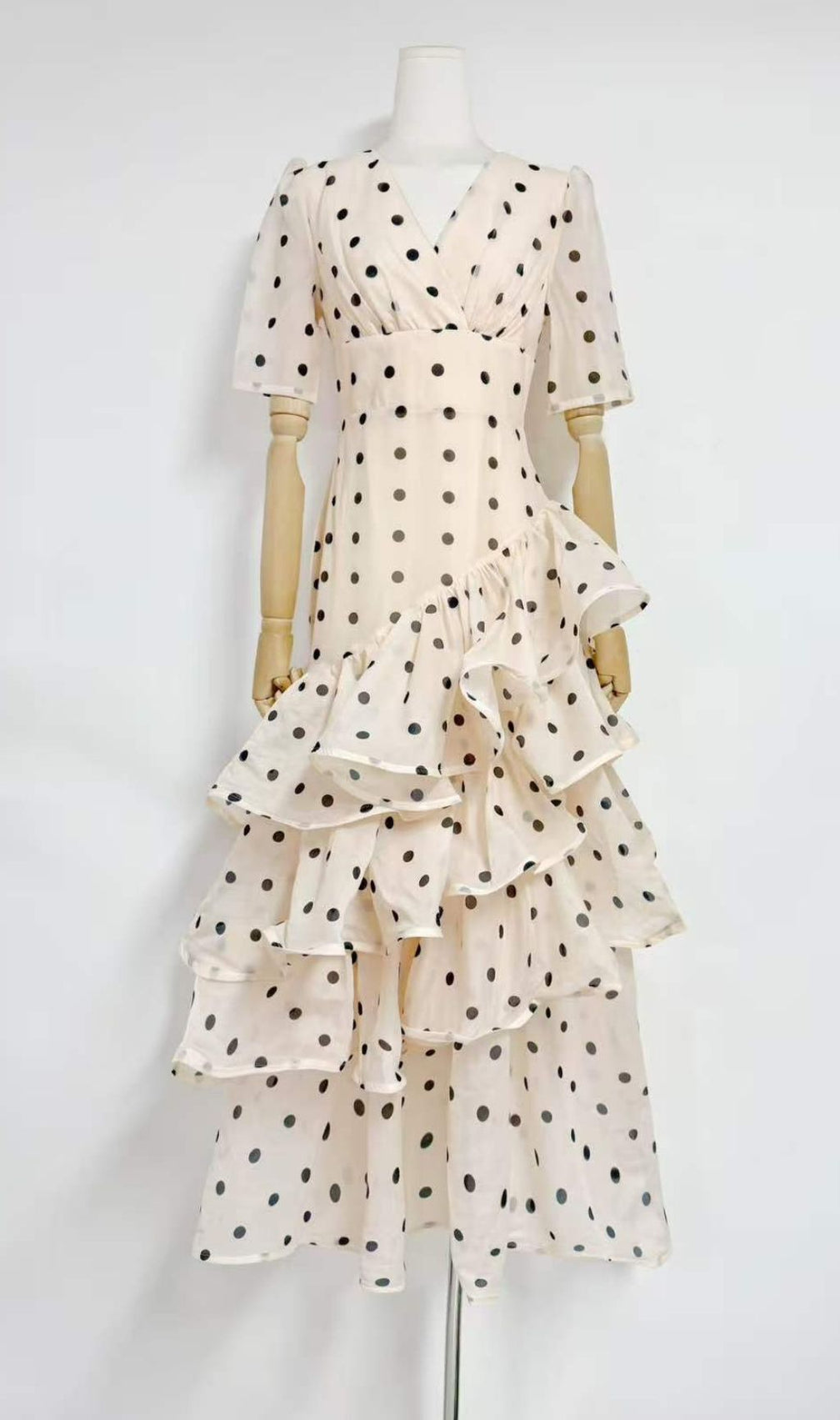 Kelsi Apricot Polka Dot Ruffled Maxi Dress - Elegant Tiered Gown