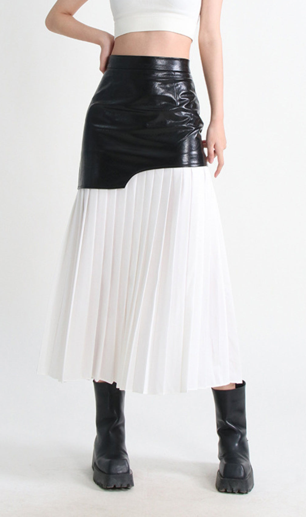 Evgeniy White Leather Pleated Midi Skirt