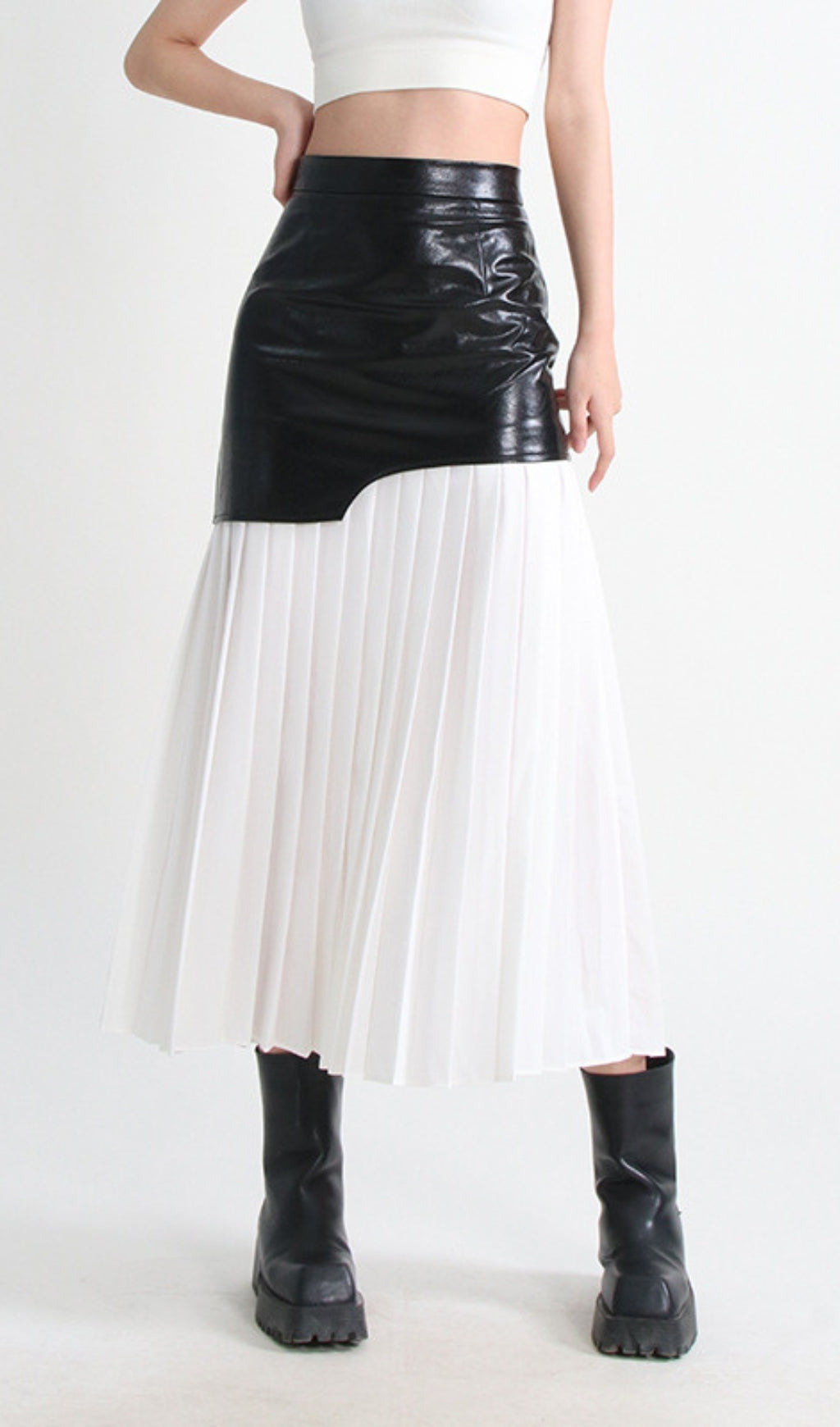 Evgeniy White Leather Pleated Midi Skirt