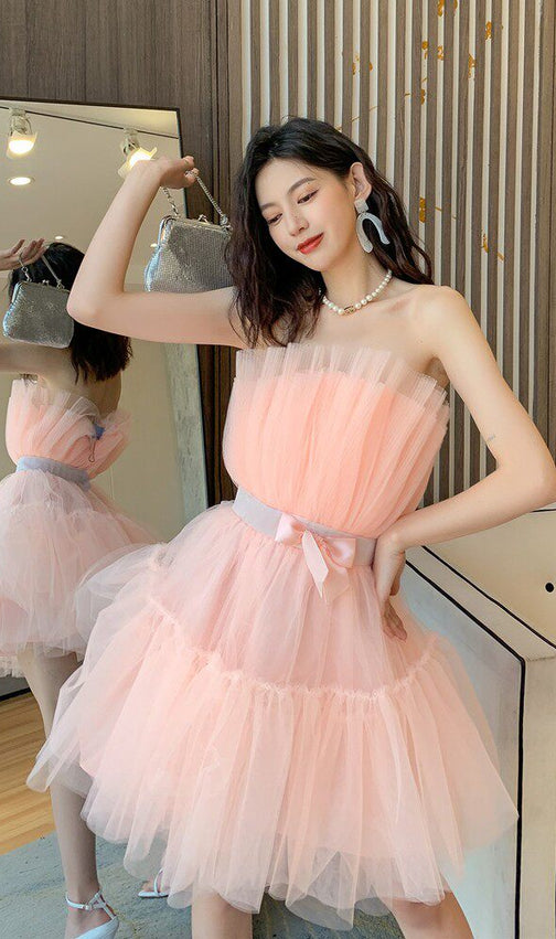 Dreamy Blush Pink Tulle Strapless Mini Dress | Bow Waist Party & Cocktail Dress