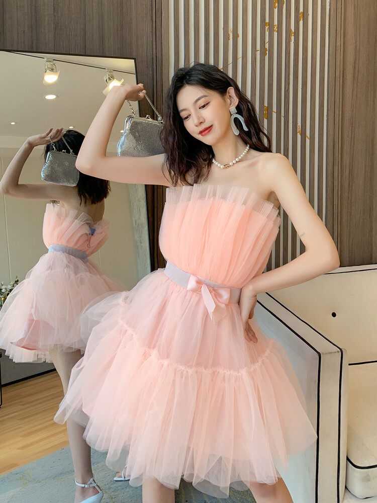 Dreamy Blush Pink Tulle Strapless Mini Dress | Bow Waist Party & Cocktail Dress