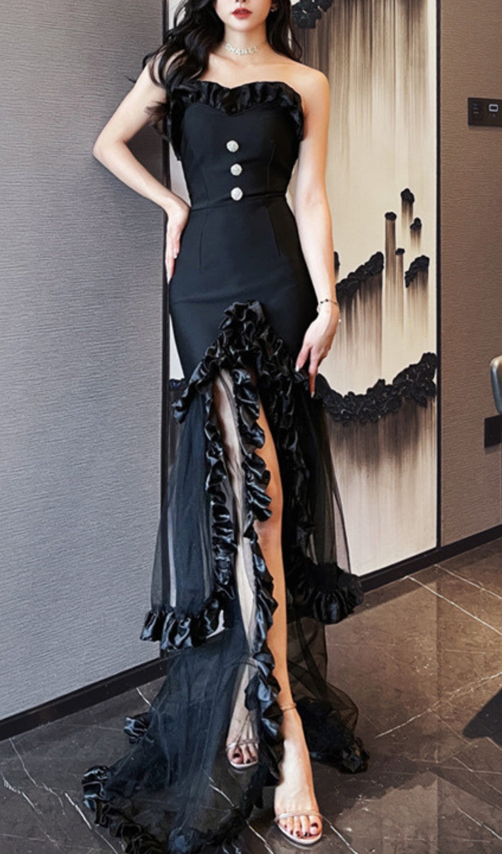 Black Strapless Tail Maxi Dress