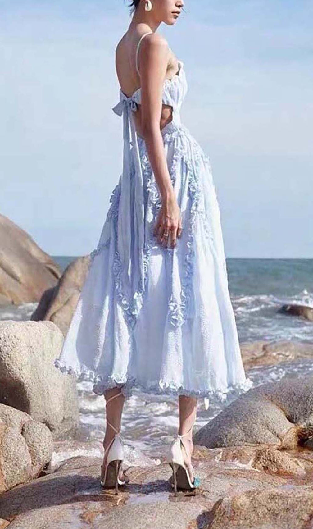 Lace-Up Backless Midi Dress In Blue