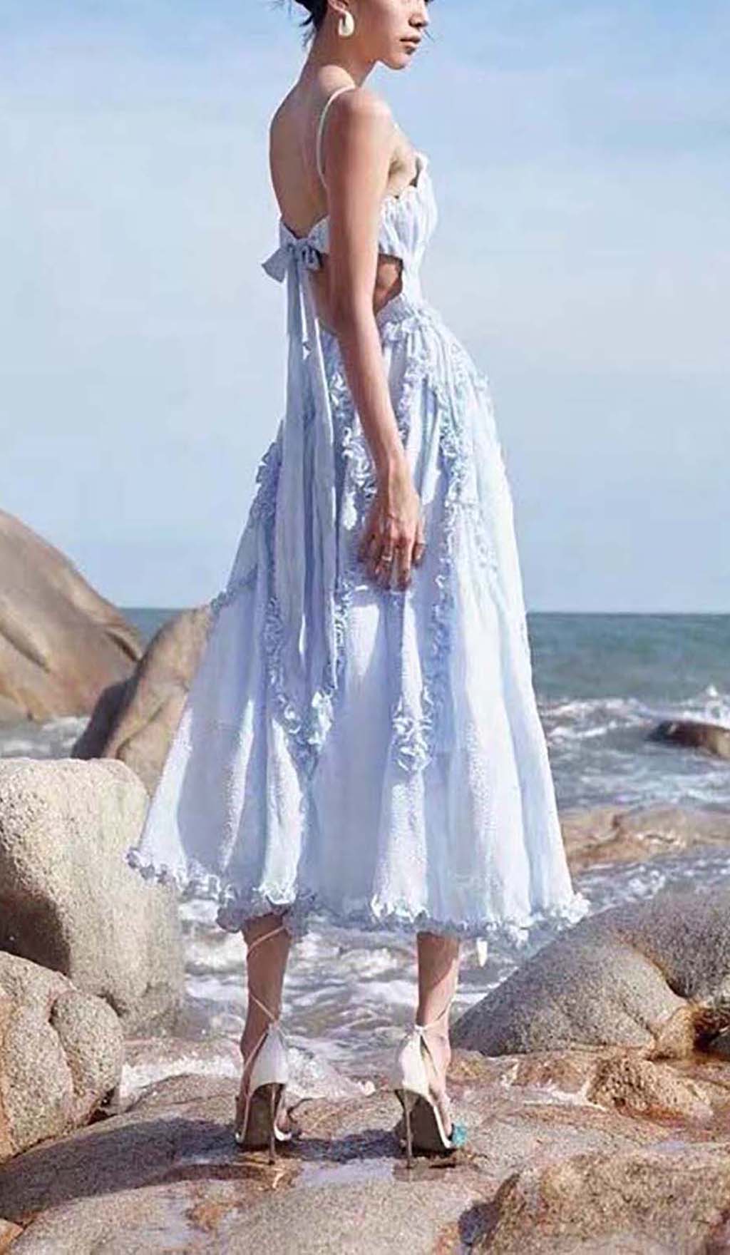 Lace-Up Backless Midi Dress In Blue