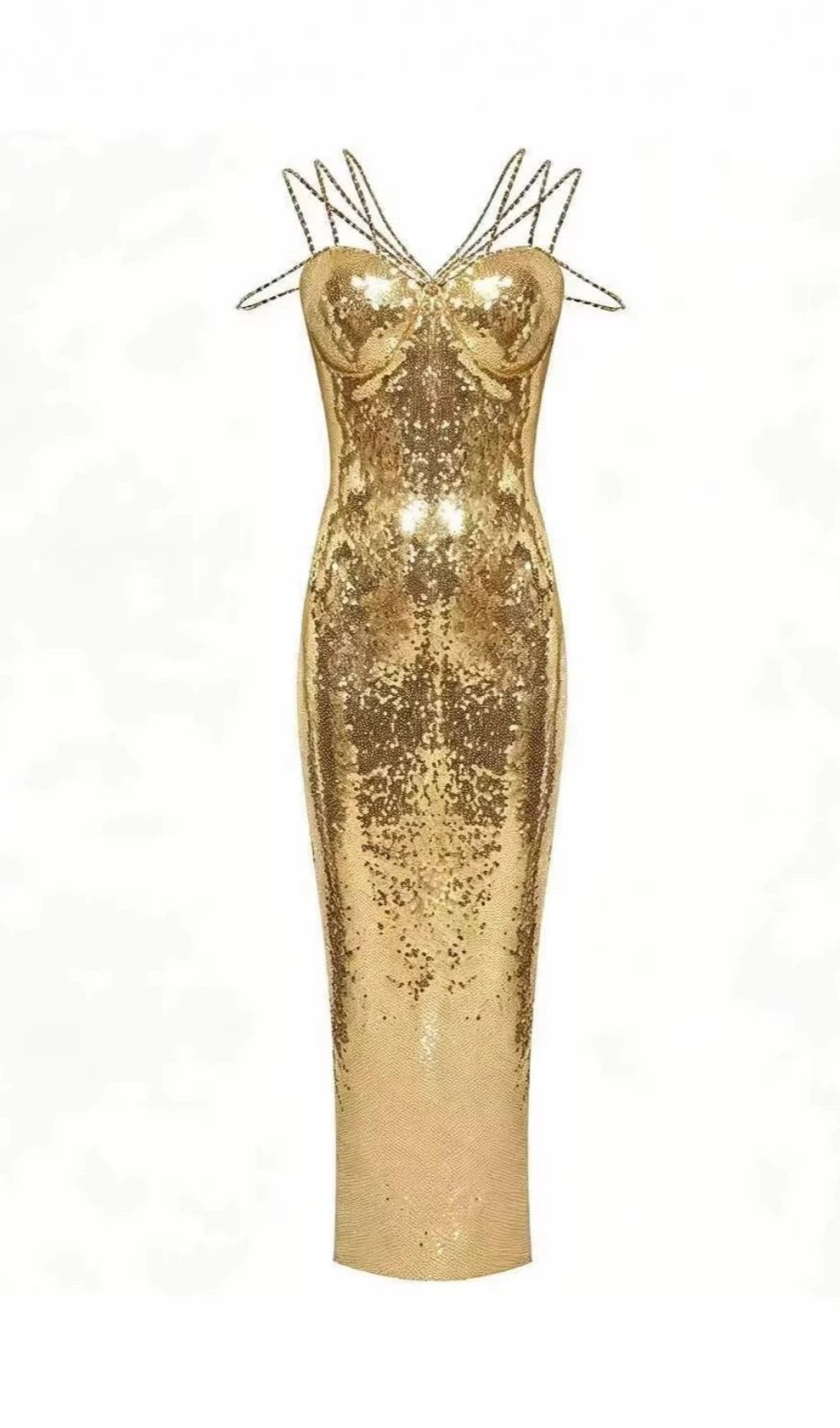 Lacretia Gold Sequin Chains Maxi Dress