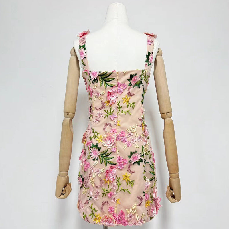 Fyodor Strappy Flower Embroidery Mini Dress