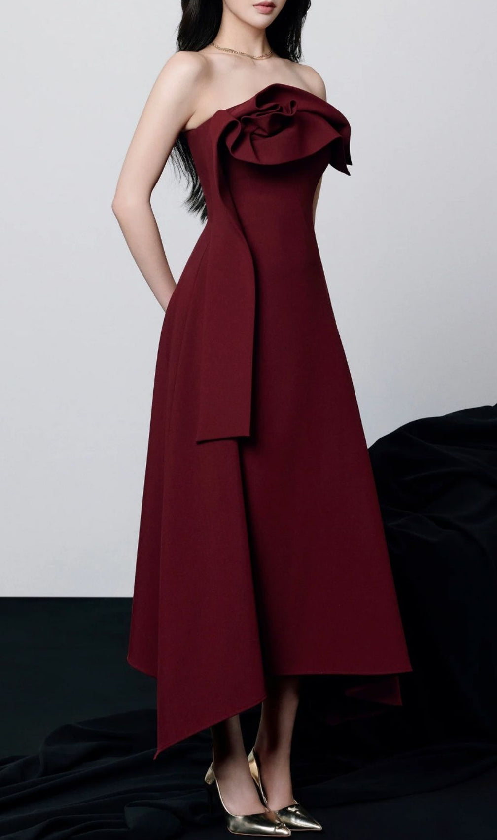 Kesia Radiant Red Draped Strapless Midi Dress - Elegant Asymmetric Hem