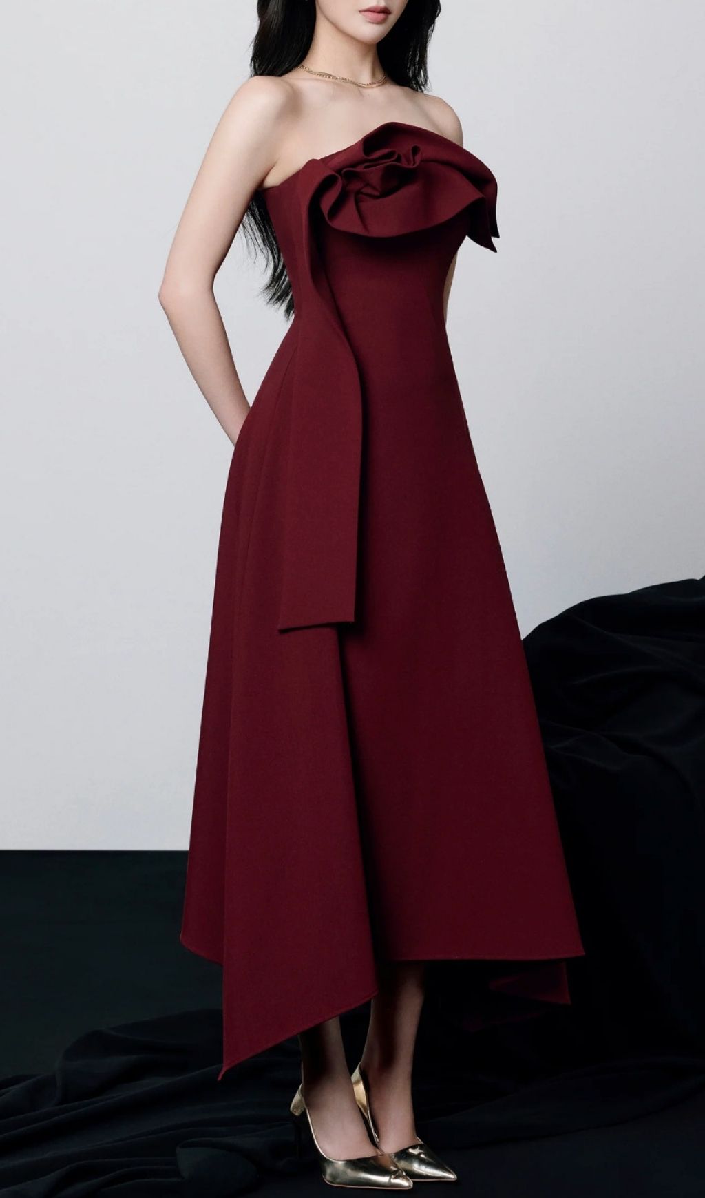 Kesia Radiant Red Draped Strapless Midi Dress - Elegant Asymmetric Hem