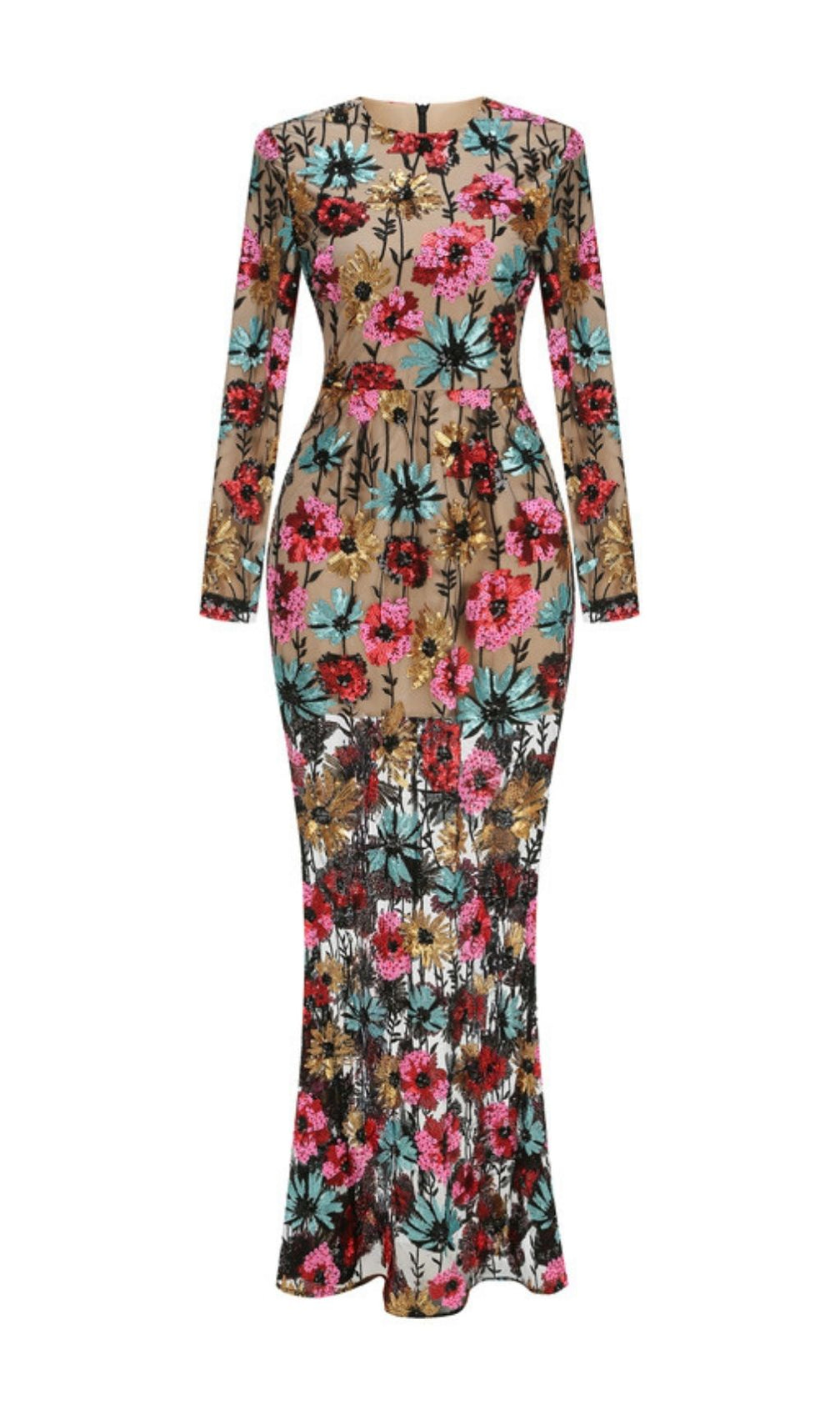 Kaoru Dazzling Sequin Floral Mesh Maxi Dress | Long Sleeve Evening Gown