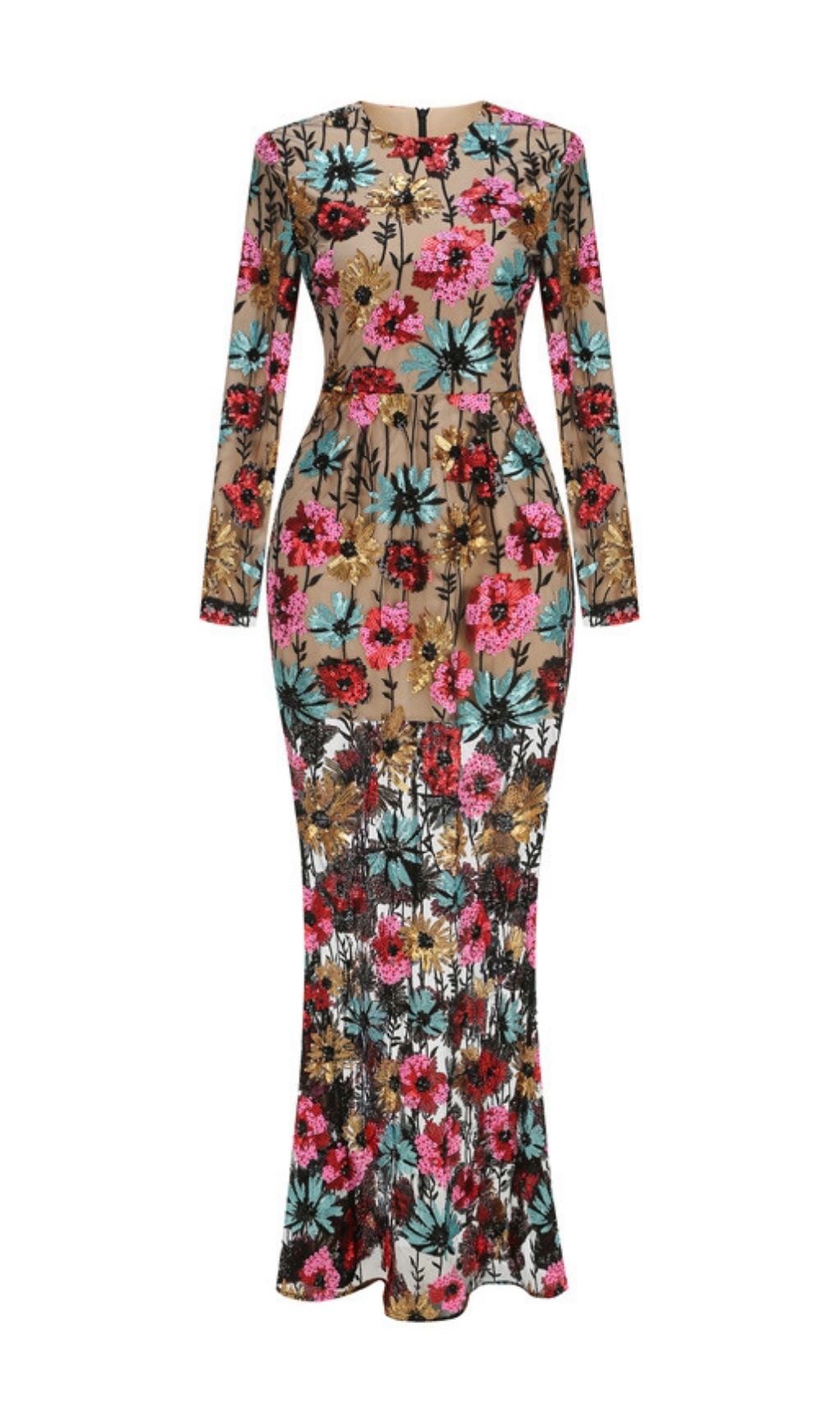 Kaoru Dazzling Sequin Floral Mesh Maxi Dress | Long Sleeve Evening Gown