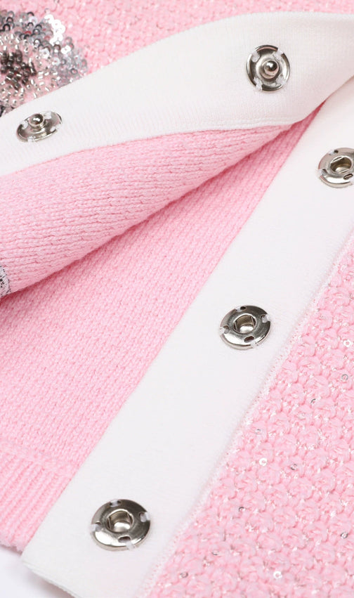 Chic Pink Sequin Knit Cardigan & Midi Skirt Set