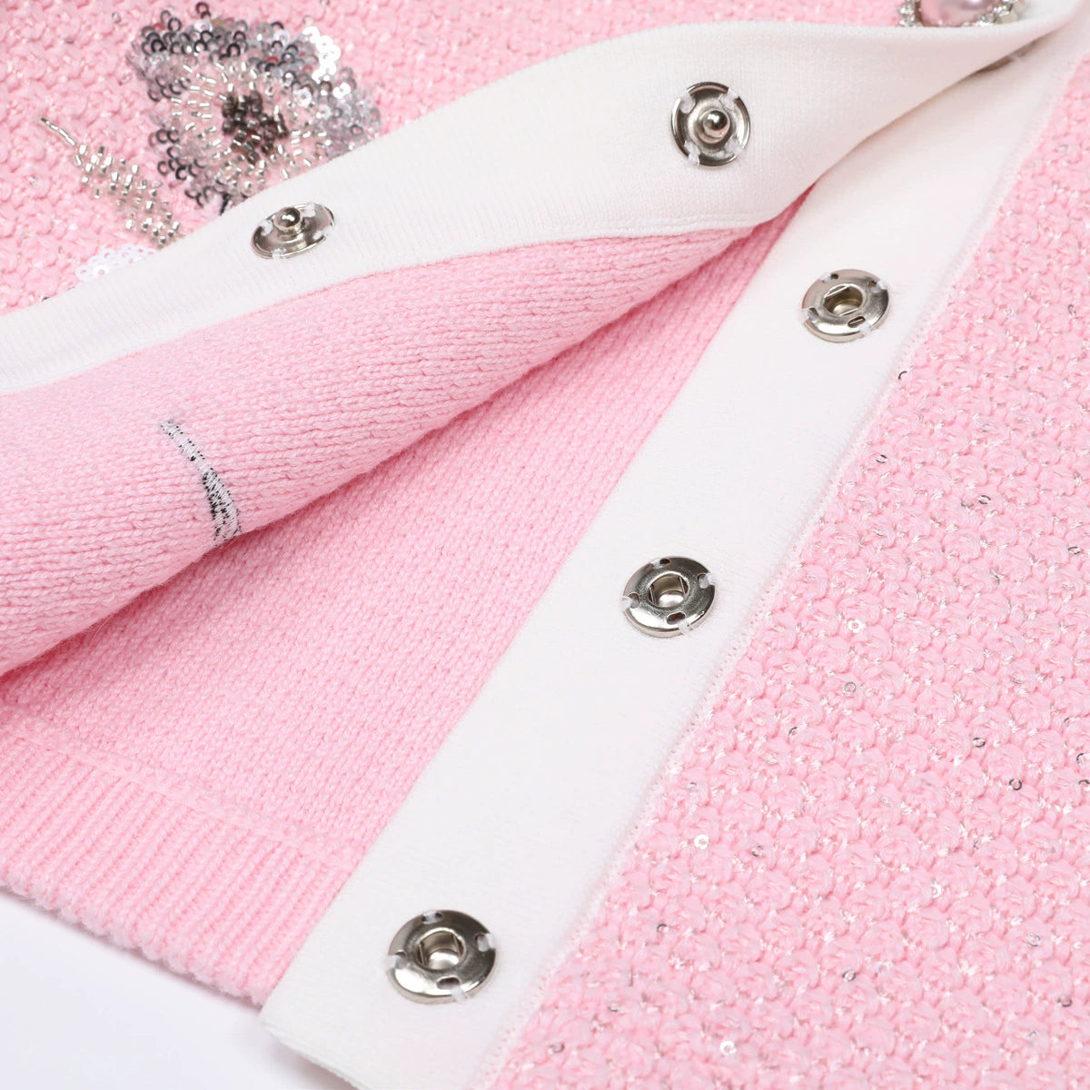 Chic Pink Sequin Knit Cardigan & Midi Skirt Set