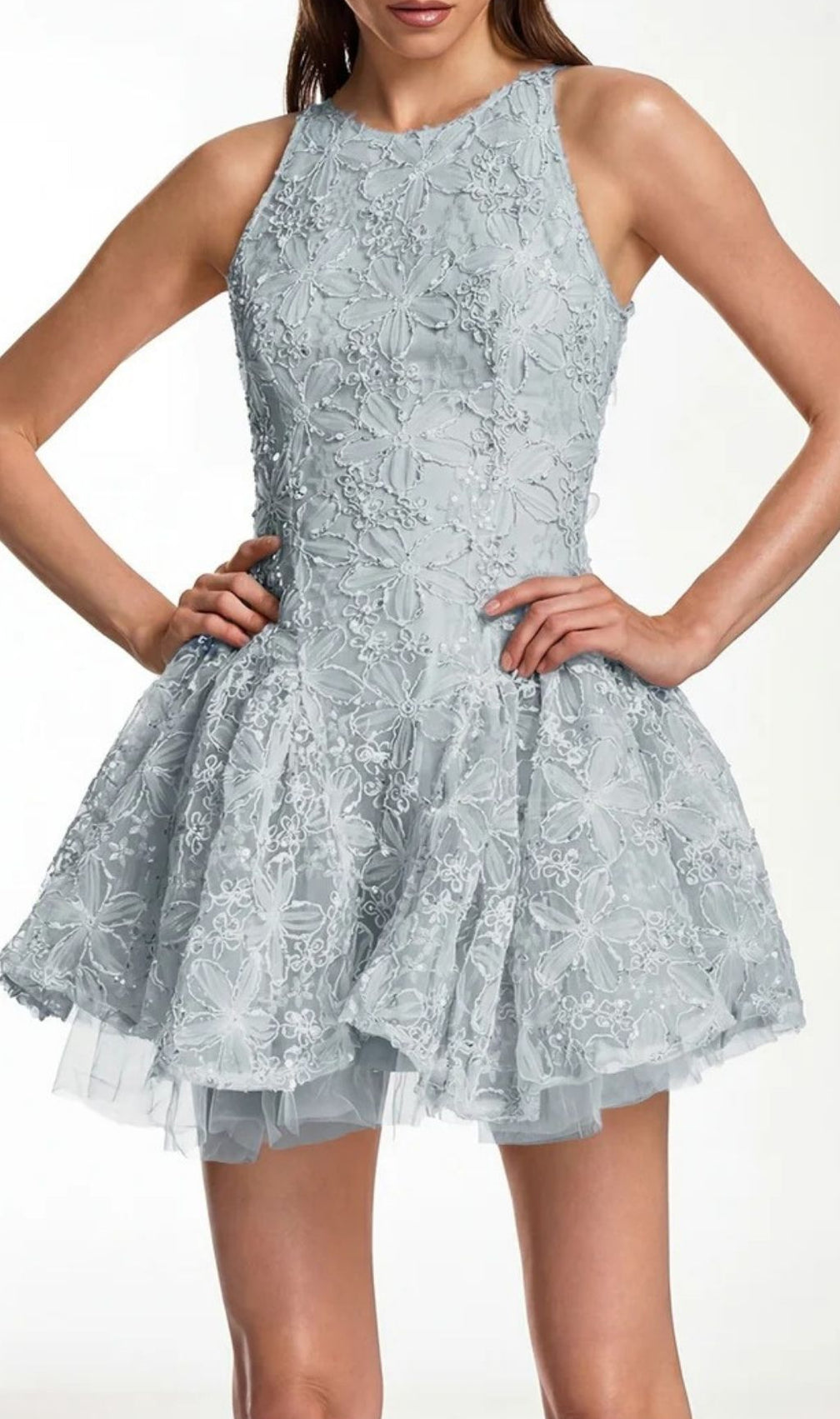 Katsumi Blue Floral Halter Mini Dress | Chic & Romantic Lace