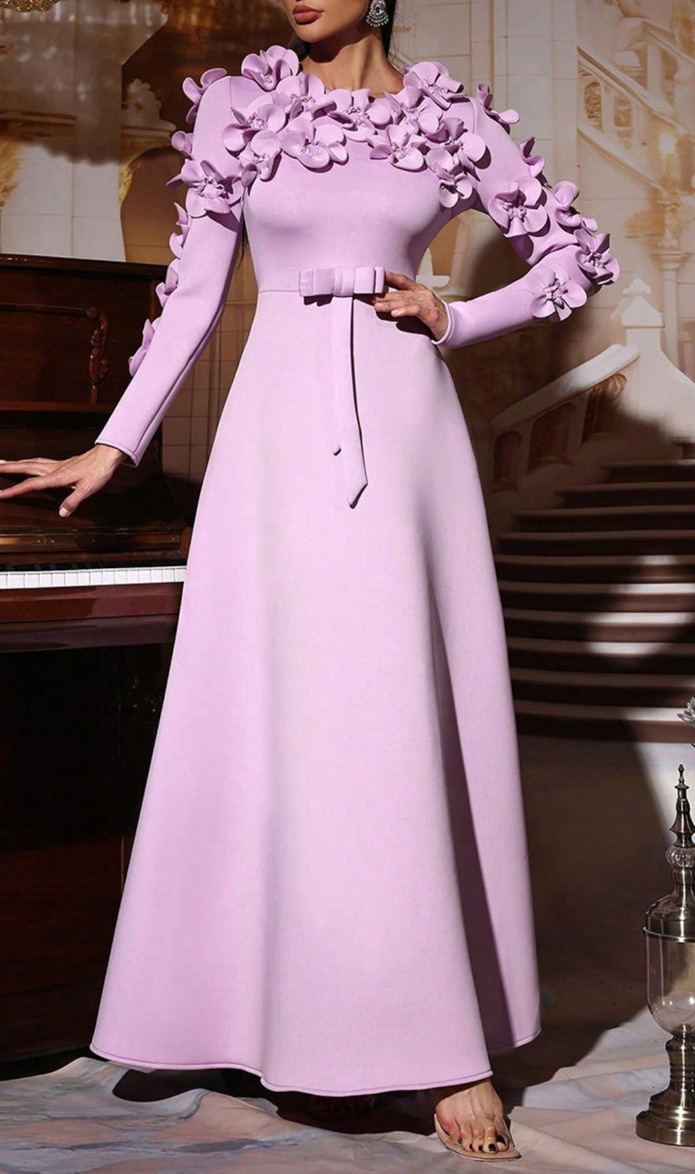 Hadia Lilac Floral Embellished Long Sleeve Maxi Dress - Elegant Occasion Gown