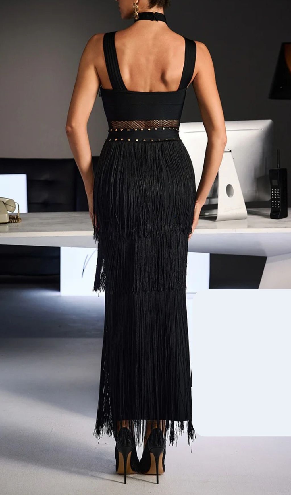 Fermin Women's Black Halterneck Bandage Fringe Midi Dress | Curve-Hugging Party Gown