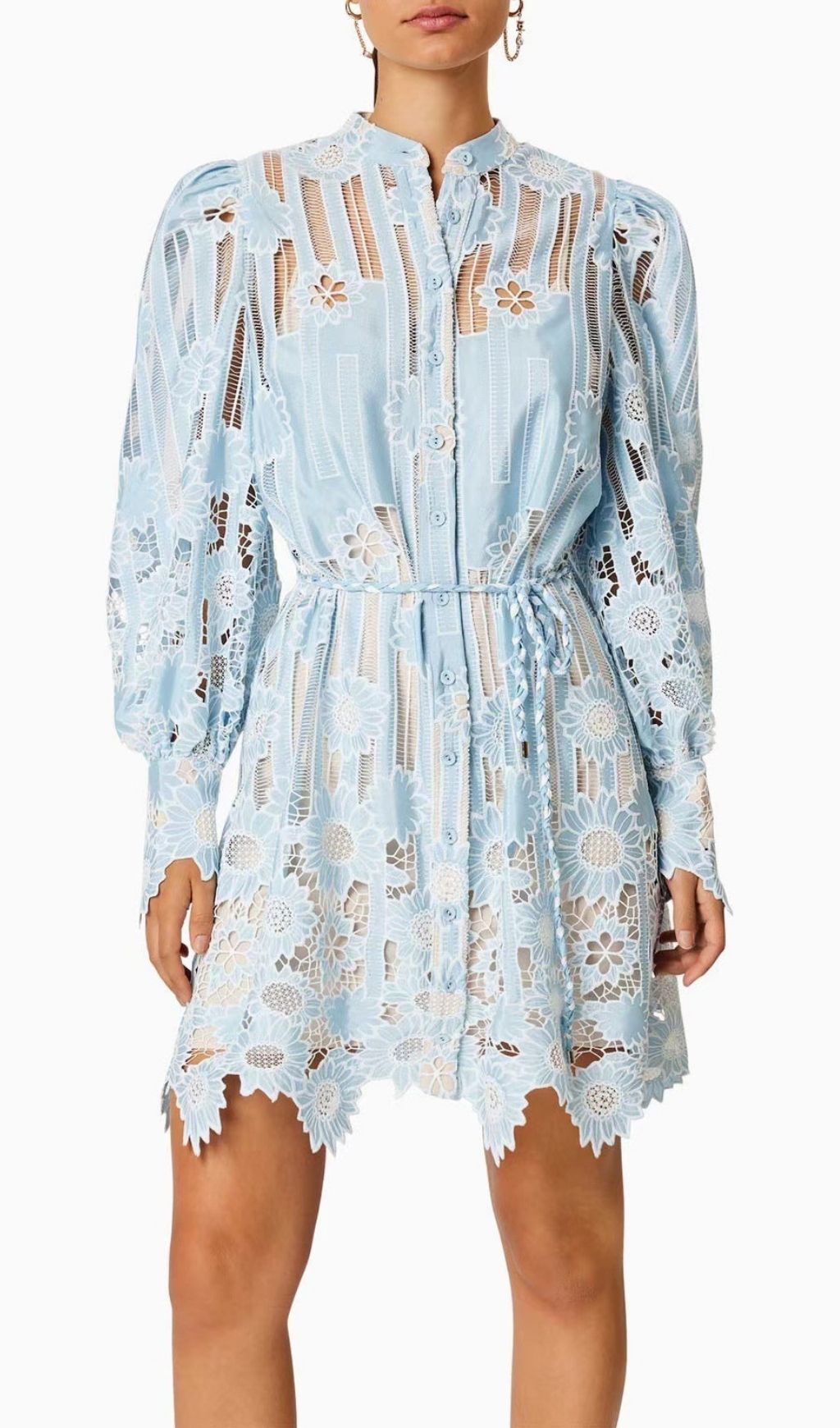 Deliz Romantic Sky Blue Floral Lace Mini Dress | Elegant Long Sleeve Style