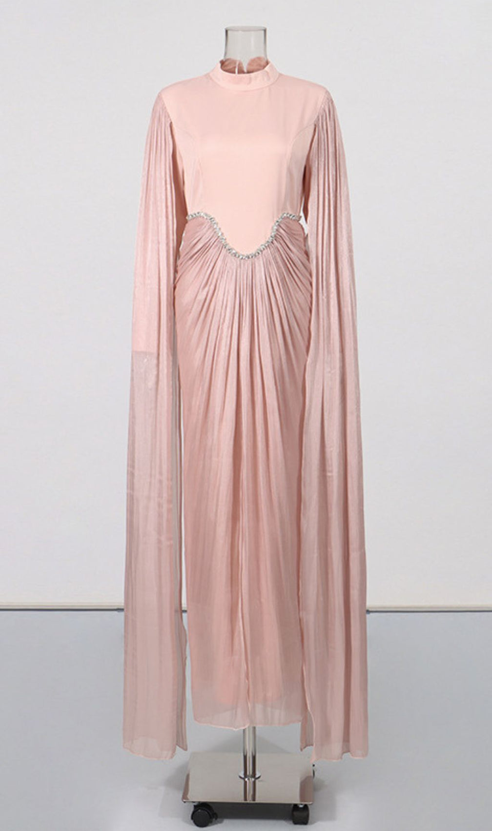 Kalyca Blush Pink Elegant Maxi Dress with Sweeping Cape Sleeves