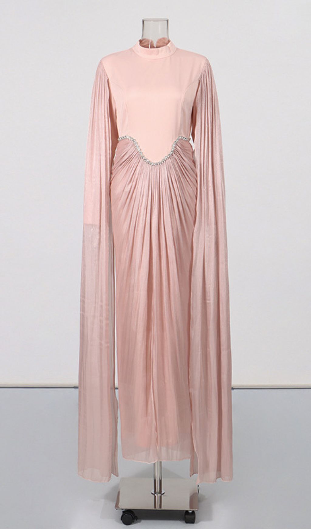 Kalyca Blush Pink Elegant Maxi Dress with Sweeping Cape Sleeves