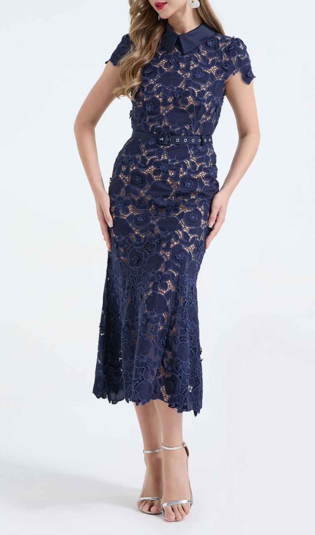 Kennita Elegant Navy Lace Midi Dress | Chic Floral Occasion Wear