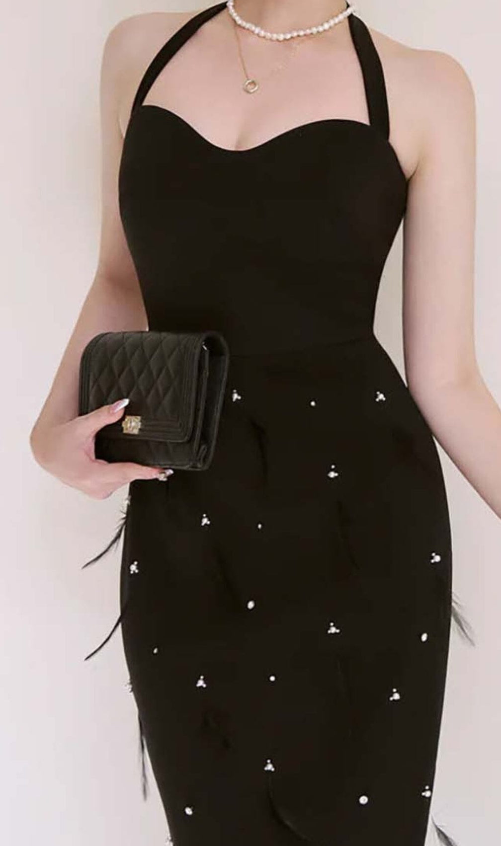 Feather Rhinestones Bodycon Midi Dress In Black