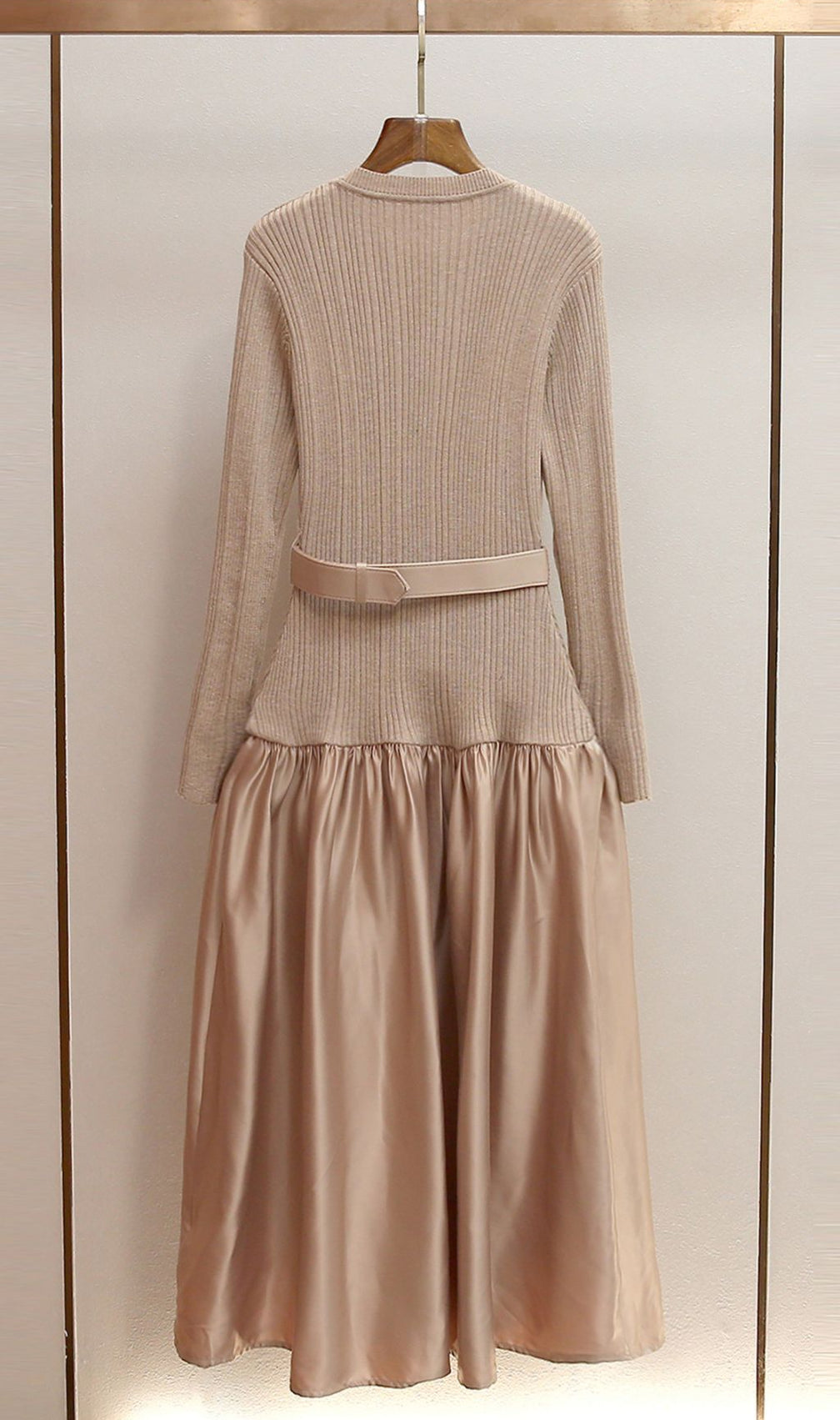 Glamorous Jetje Gold Shimmer Knit & Satin Belted Midi Dress