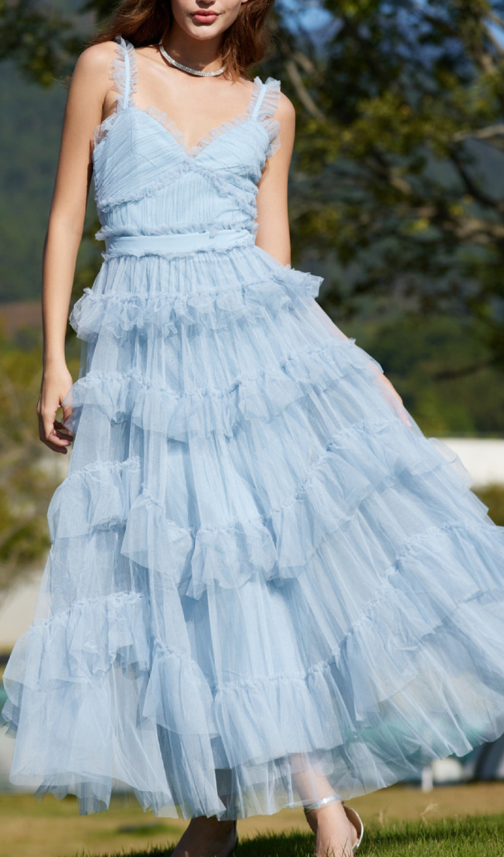 Blue Ruffle V Neck Sleeveless Tiered Tulle Maxi Dress