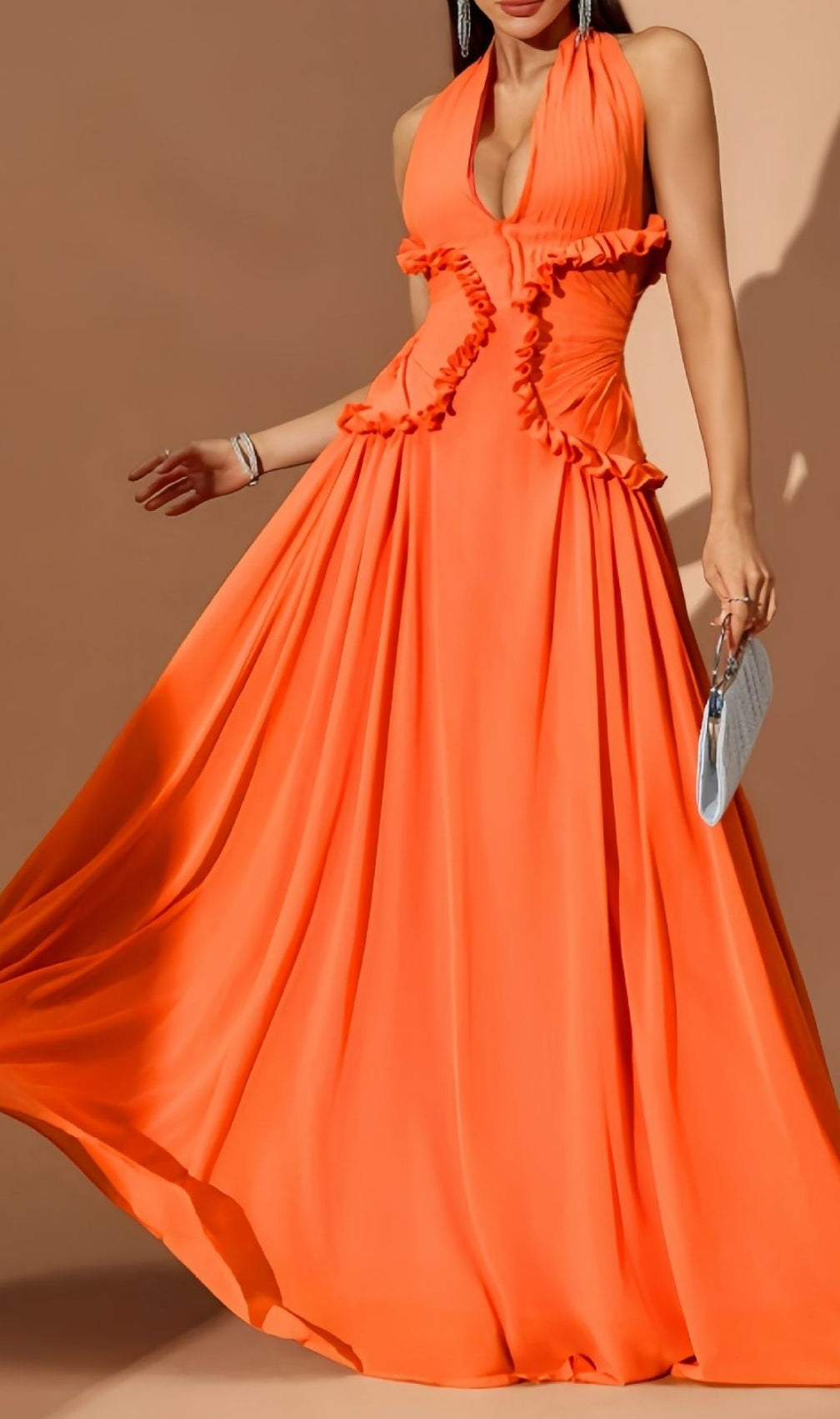 Kallisto Halter Pleated Maxi Dress: Vibrant Orange Evening Gown for Galas & Events