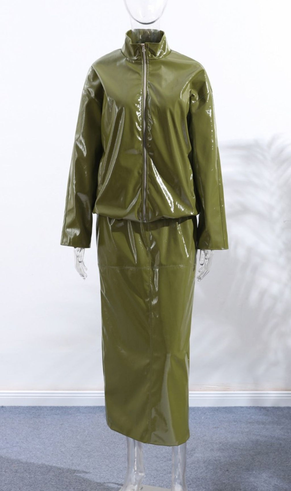 Jehan Glossy PU Leather Bomber Jacket & Midi Skirt Set - Chic Olive Green Co-ord