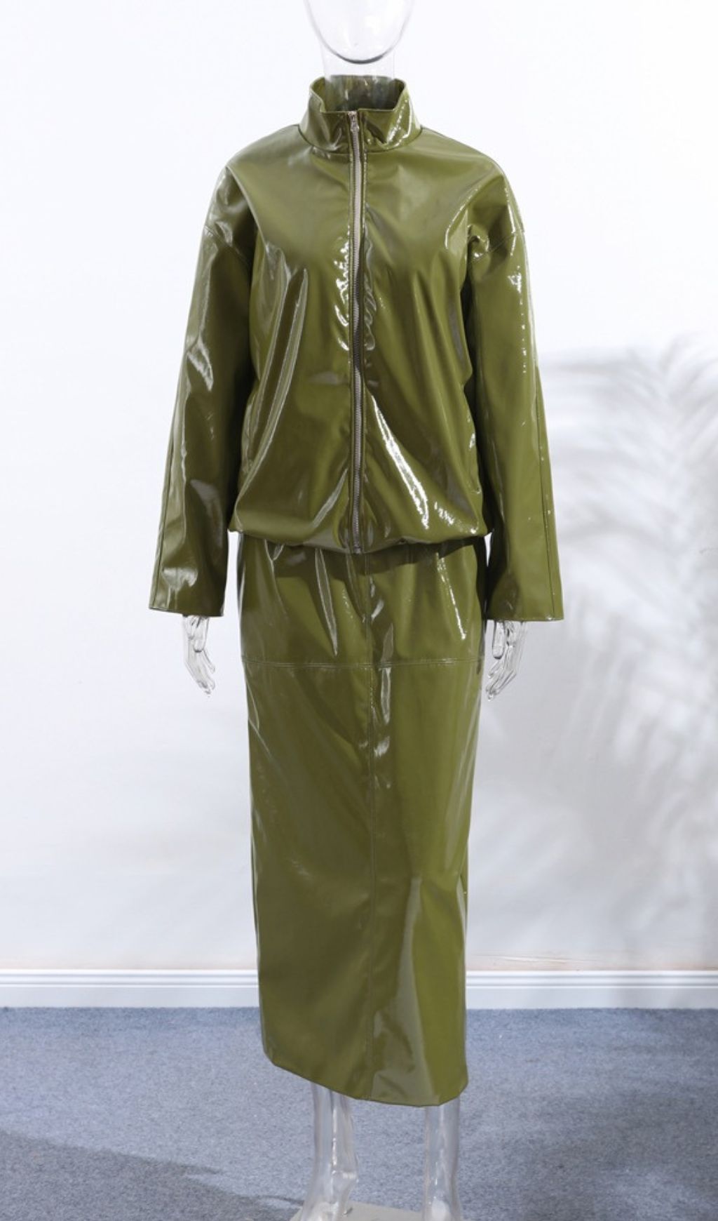 Jehan Glossy PU Leather Bomber Jacket & Midi Skirt Set - Chic Olive Green Co-ord