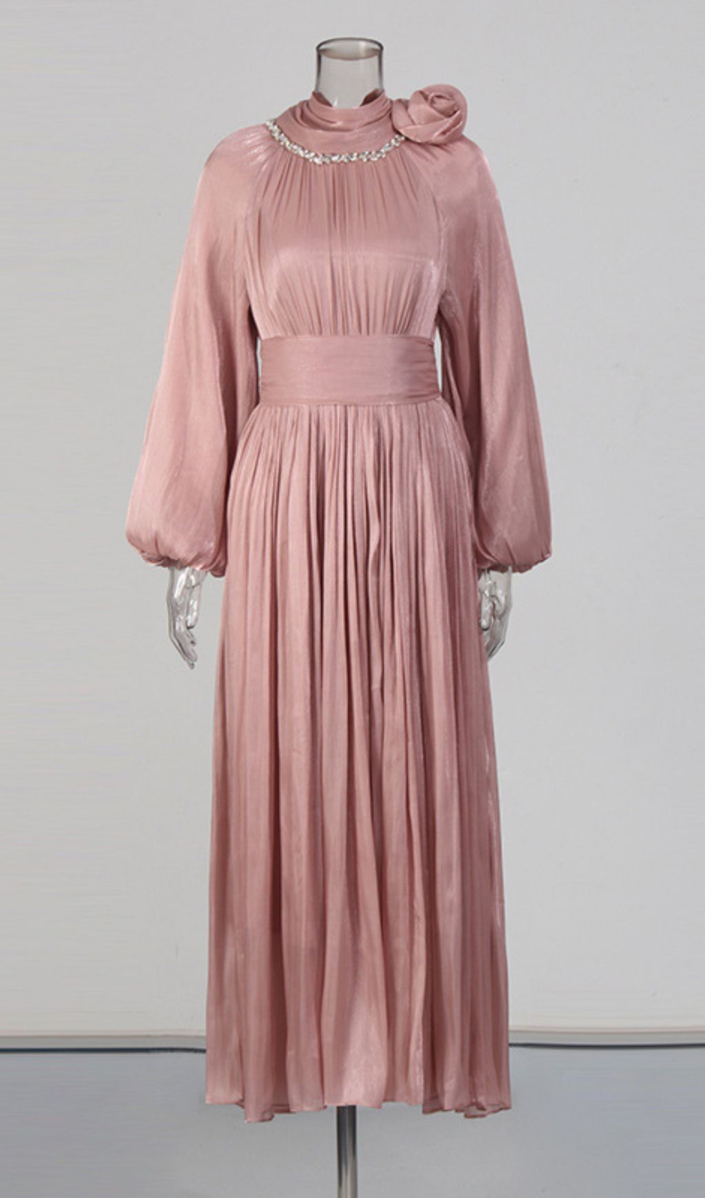 Juhani Rose Pleated Satin Maxi Dress - Elegant Long Sleeve Gown