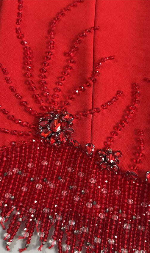Almaas Dazzling Red Rhinestone Fringe Sleeveless Bandage Dress