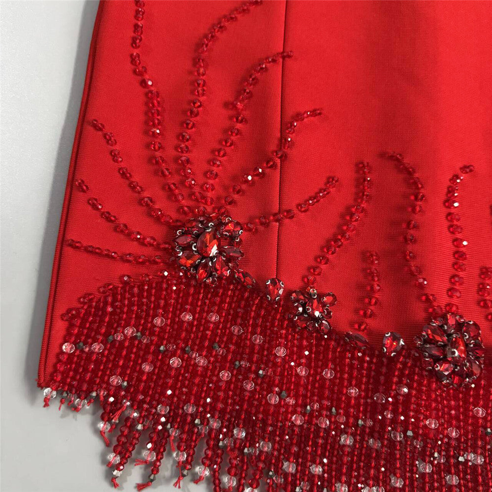 Almaas Dazzling Red Rhinestone Fringe Sleeveless Bandage Dress