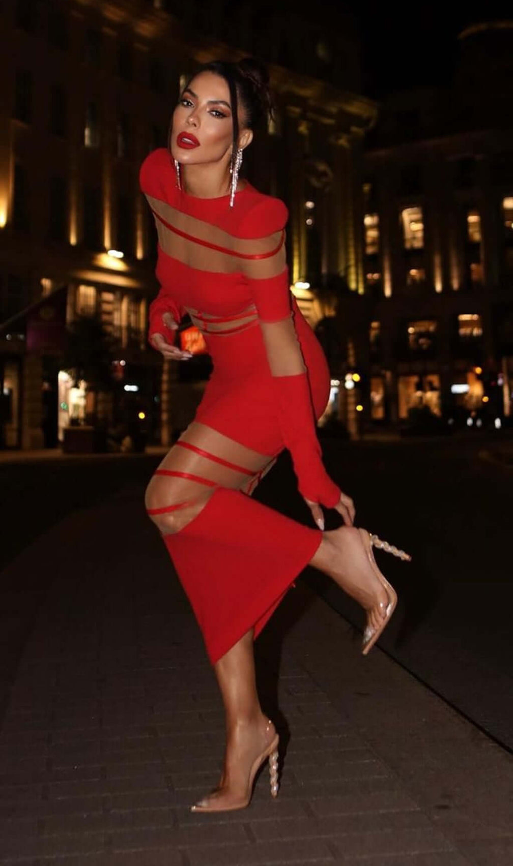 Banan Long Sleeve Mesh Bodycon Midi Dress