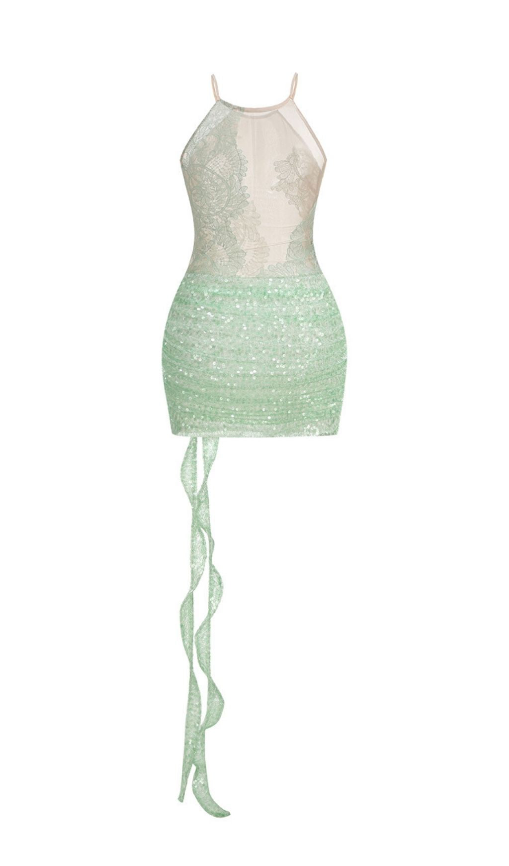 Kayla Enchanting Green Sequin & Lace Mini Dress with 3D Floral Appliqué