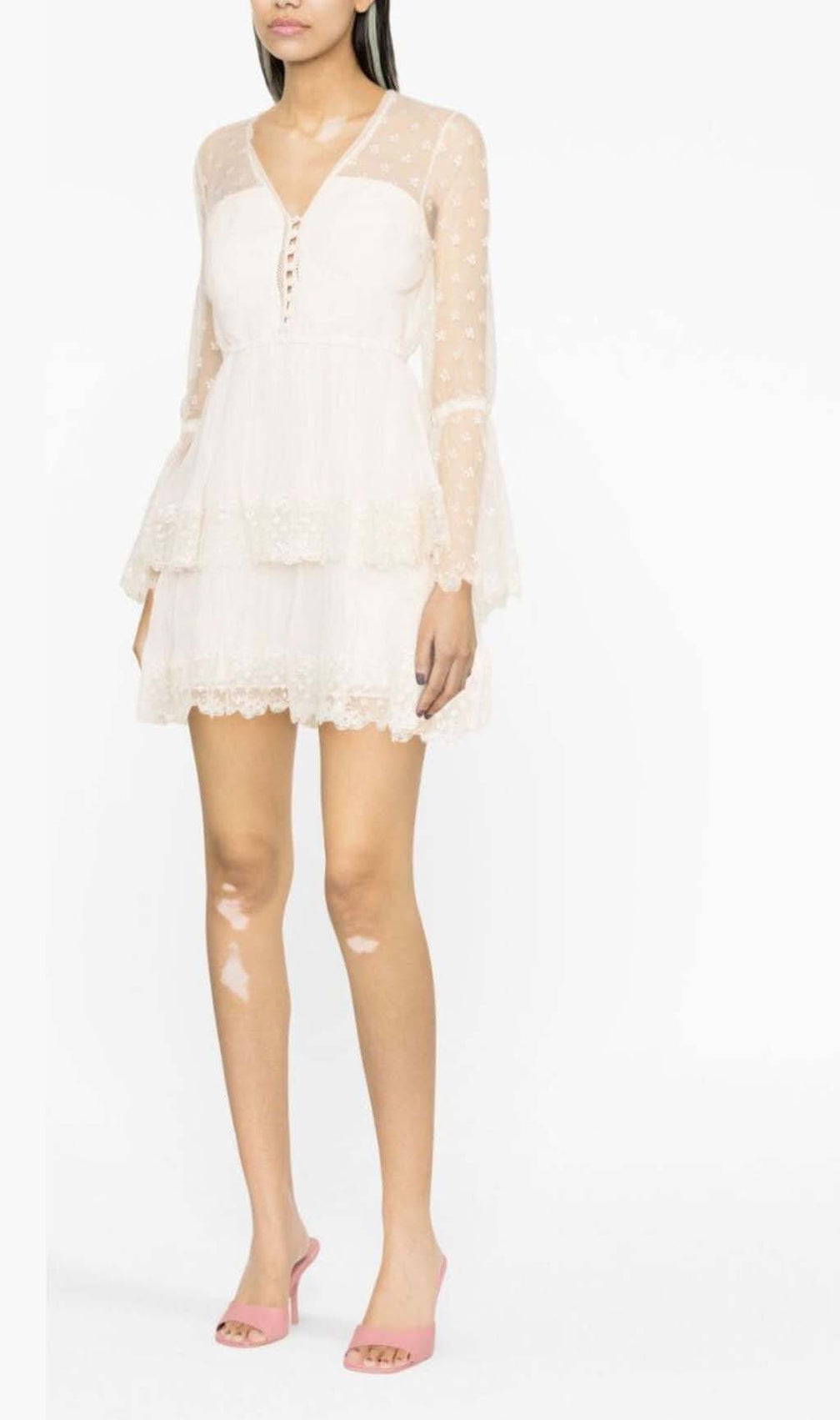 Floral-Lace Tiered Mini Dress In Ivory