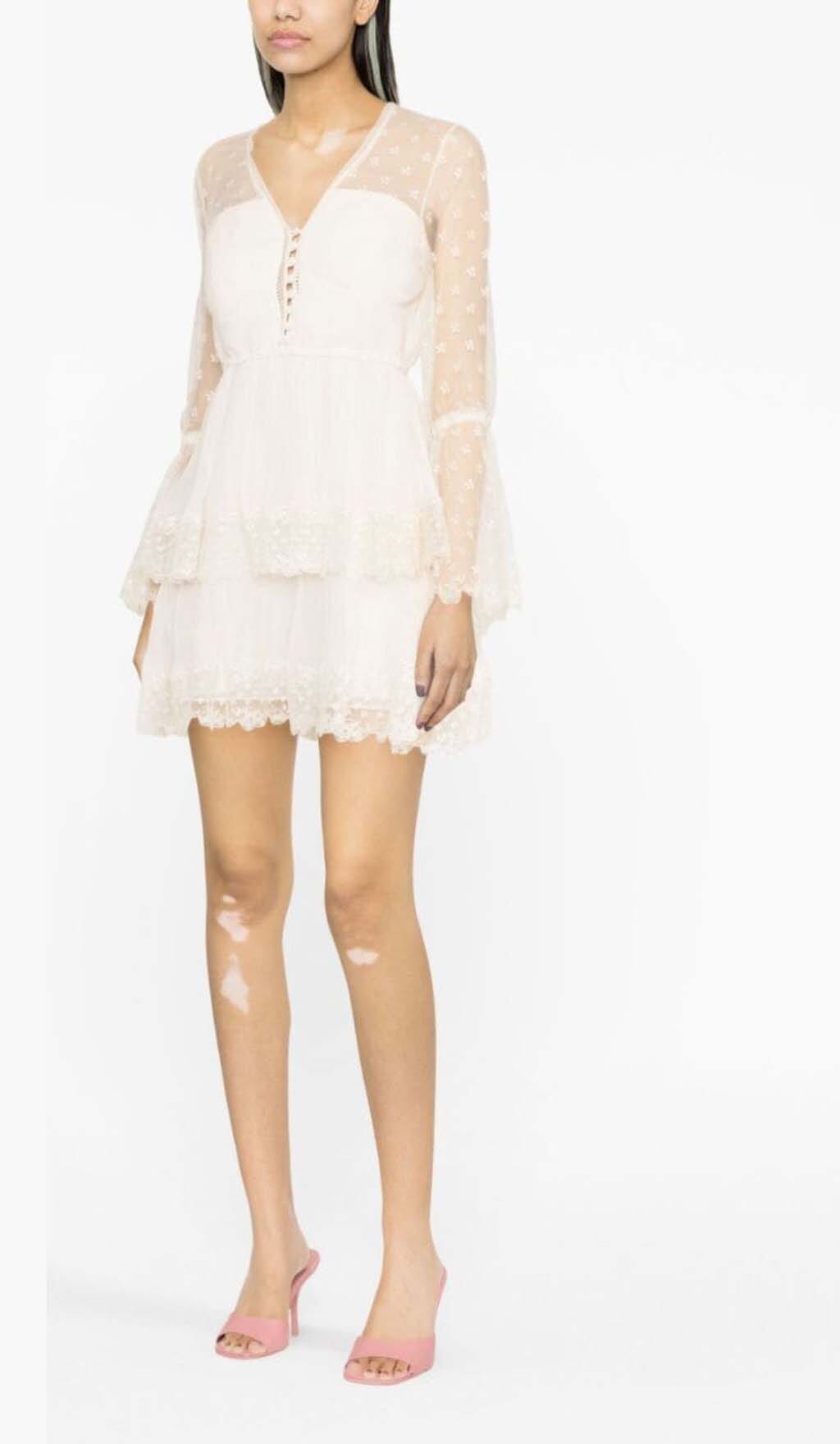 Floral-Lace Tiered Mini Dress In Ivory