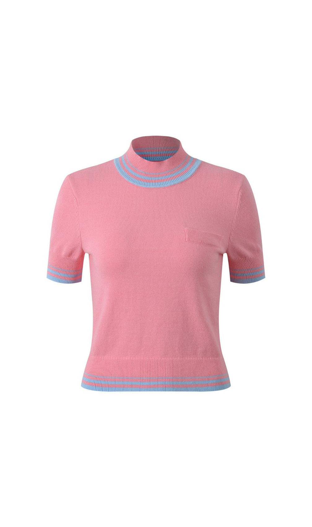 Chic Pink & Blue Stripe Mock Neck Ribbed Knit Top | Women's Short Sleeve