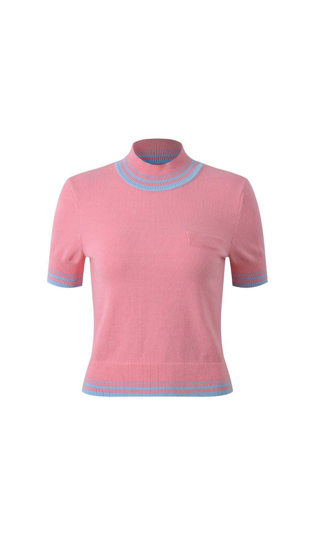 Chic Pink & Blue Stripe Mock Neck Ribbed Knit Top | Women's Short Sleeve
