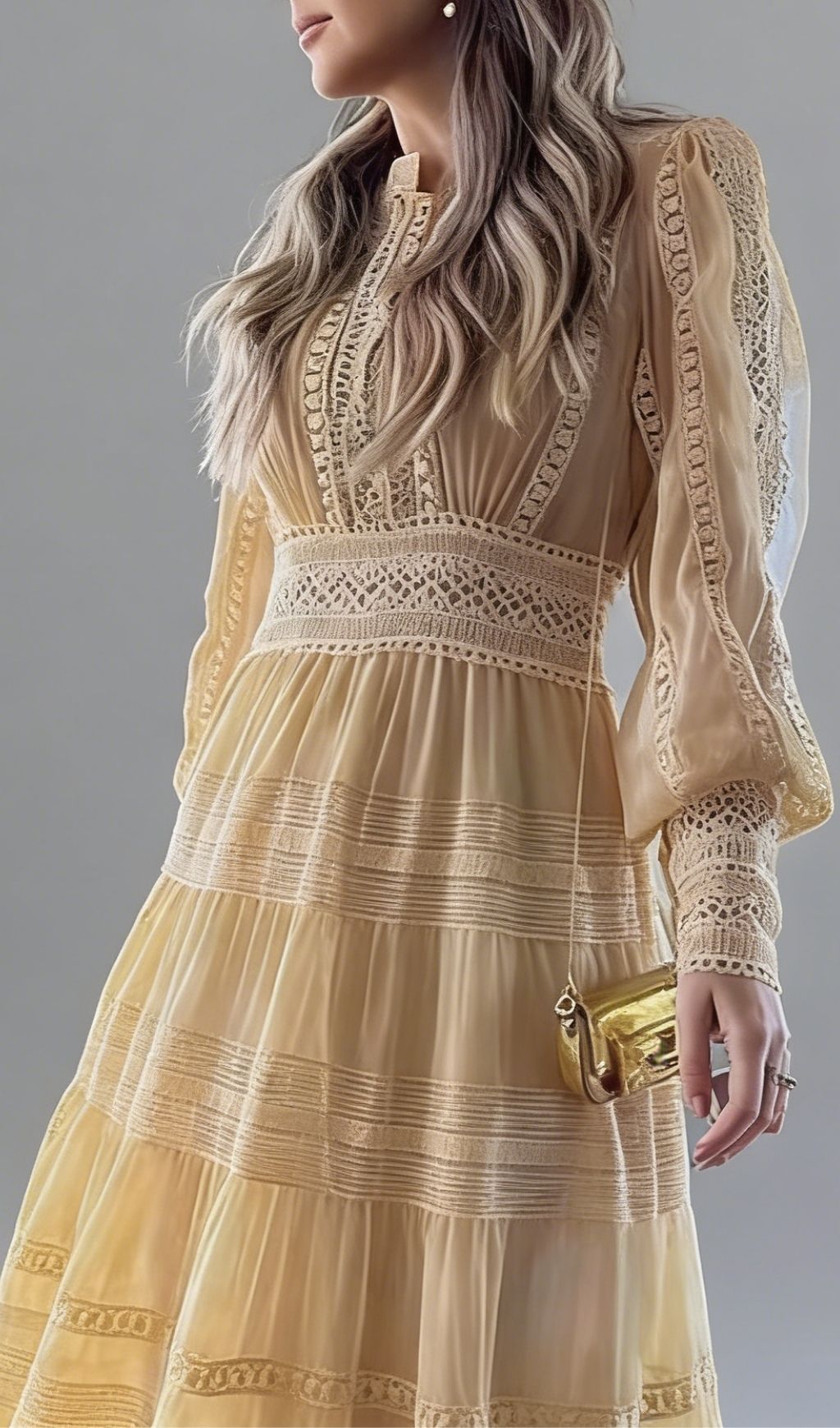 Kamara Romantic Apricot Tiered Lace Maxi Dress - Elegant Long Sleeve Boho Gown