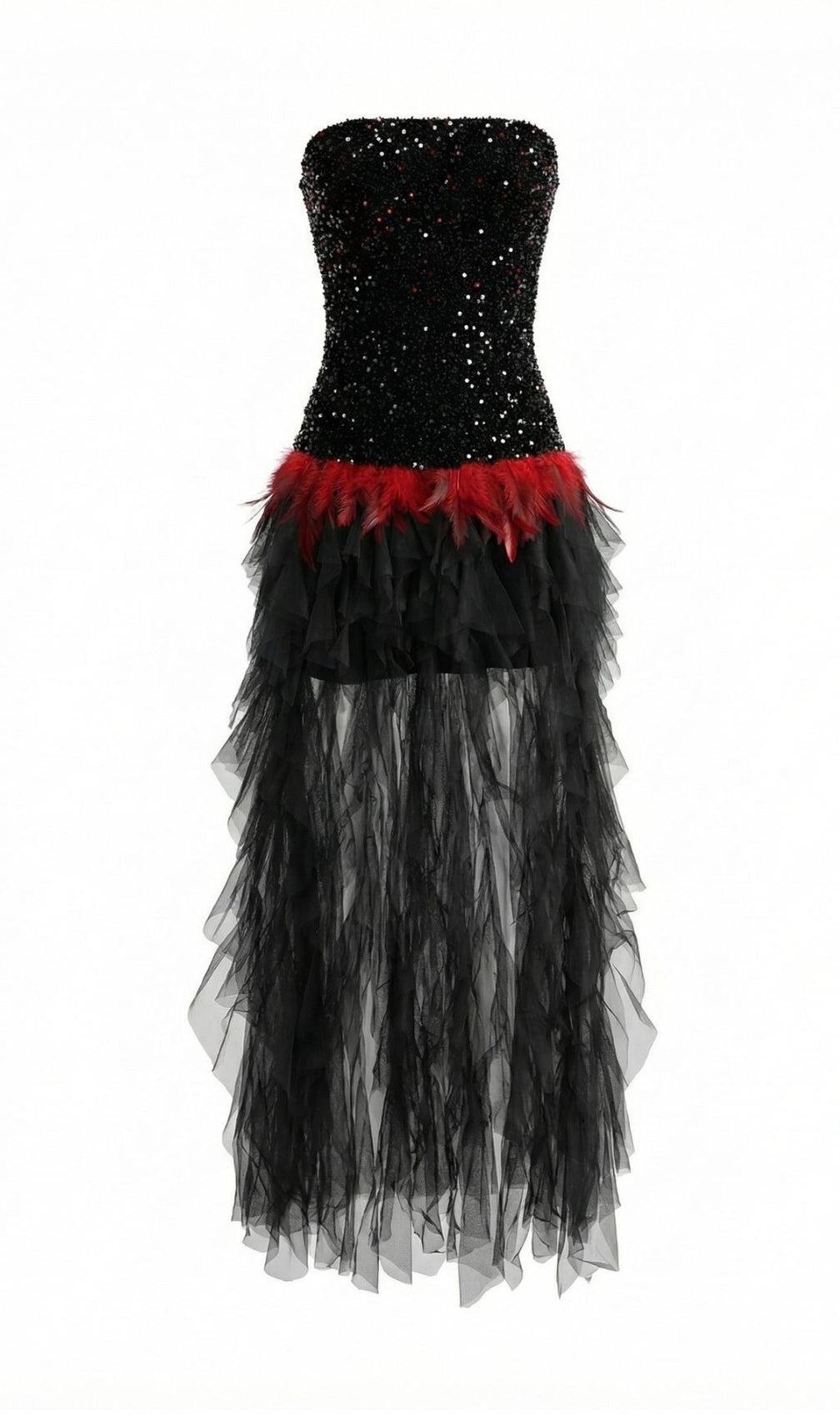 Jainna Black Sequin & Red Feather Strapless Mesh Maxi Gown - Evening Glamour