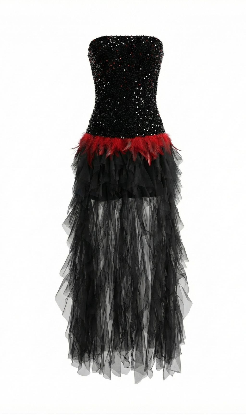 Jainna Black Sequin & Red Feather Strapless Mesh Maxi Gown - Evening Glamour