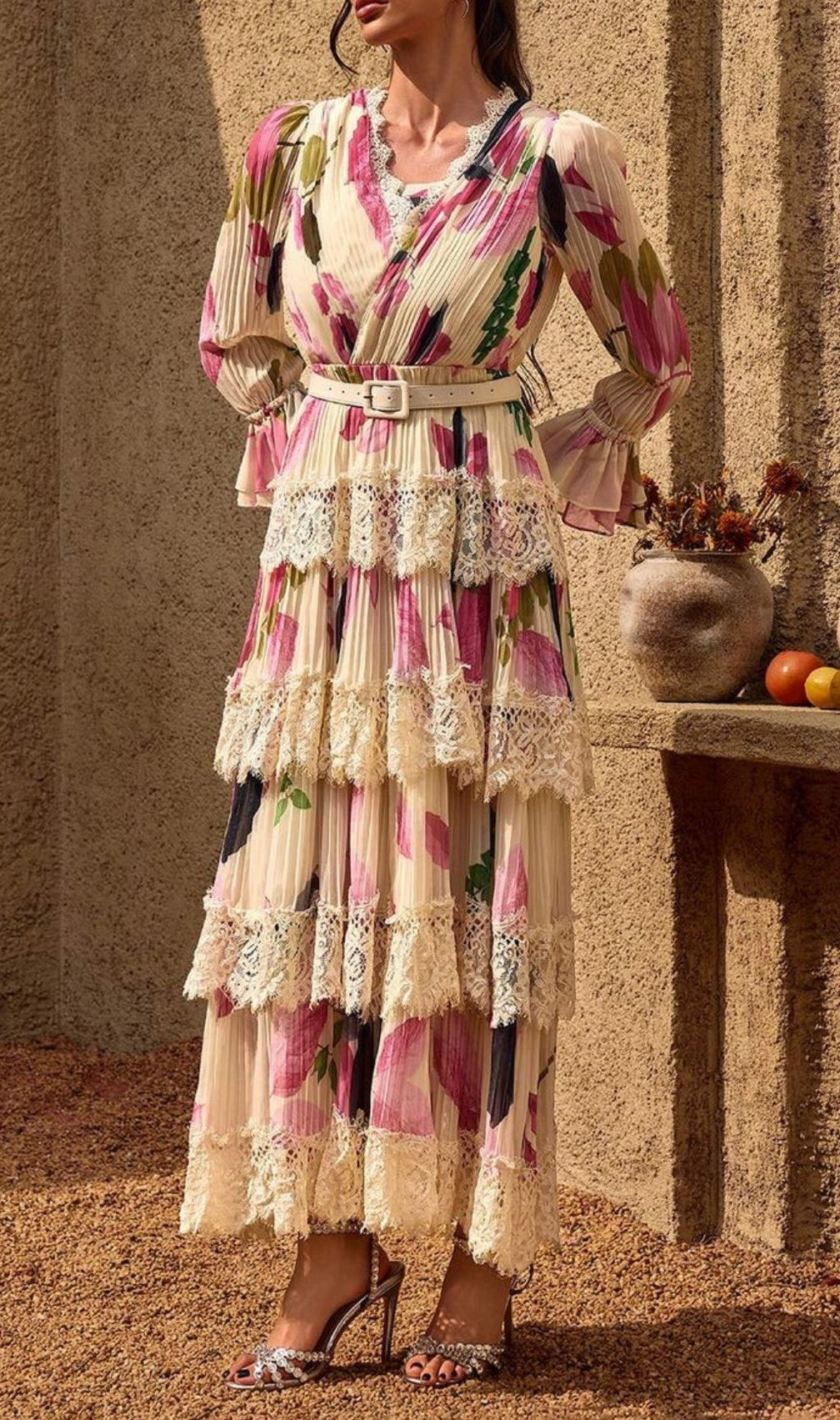 Charleen Elegant Floral Pleated Lace Tiered Maxi Dress | V-Neck & Belt