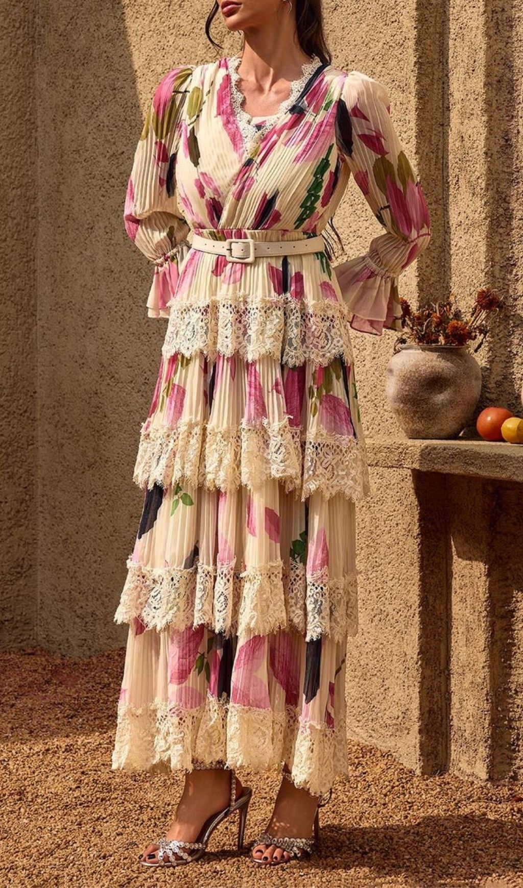 Charleen Elegant Floral Pleated Lace Tiered Maxi Dress | V-Neck & Belt