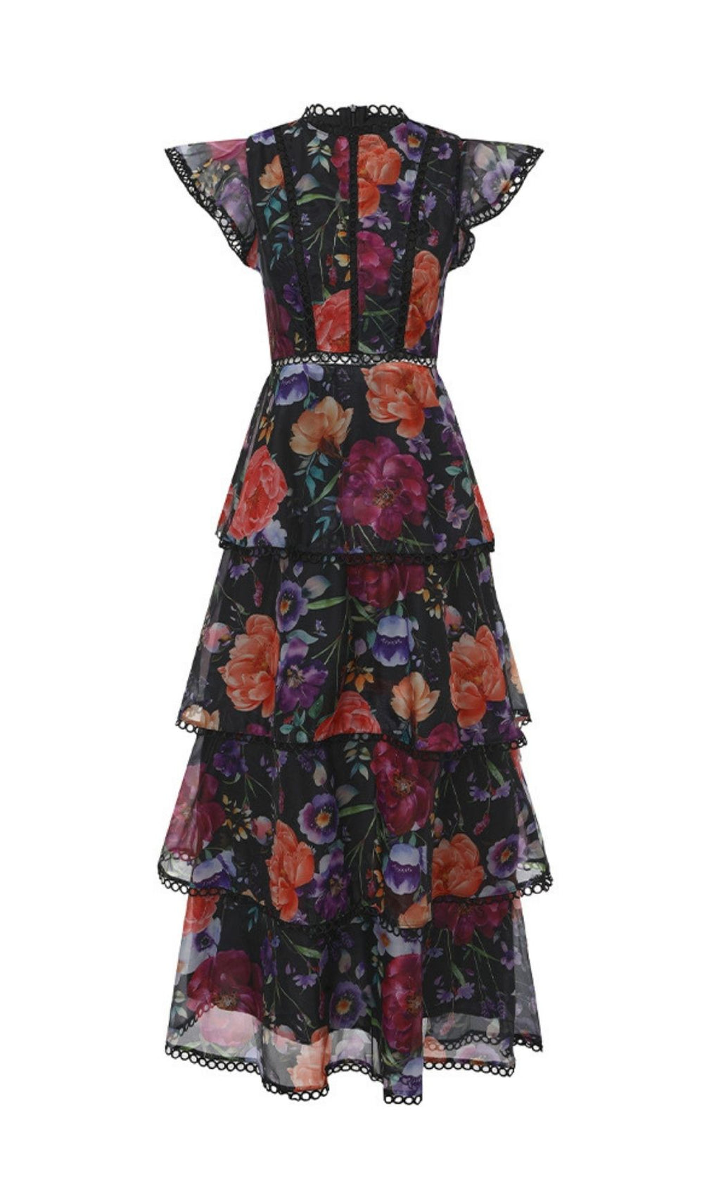 Kavi Elegant Floral Tiered Maxi Dress with Lace Trim - Women's Spring/Summer