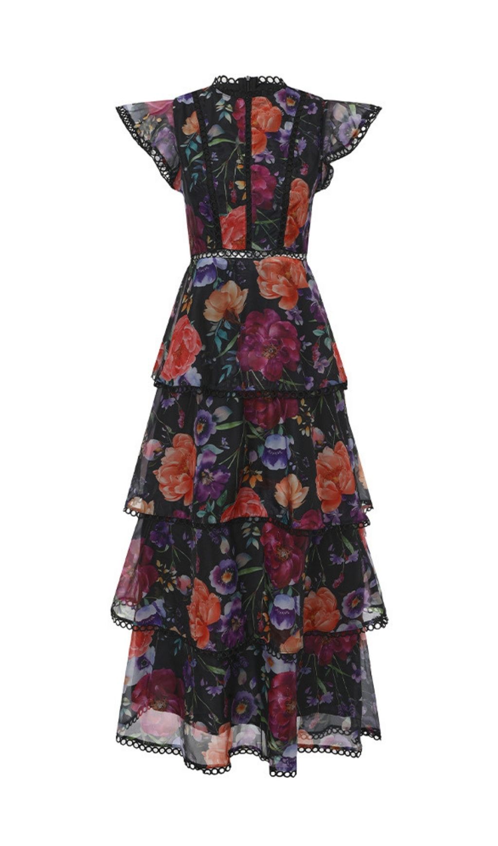 Kavi Elegant Floral Tiered Maxi Dress with Lace Trim - Women's Spring/Summer