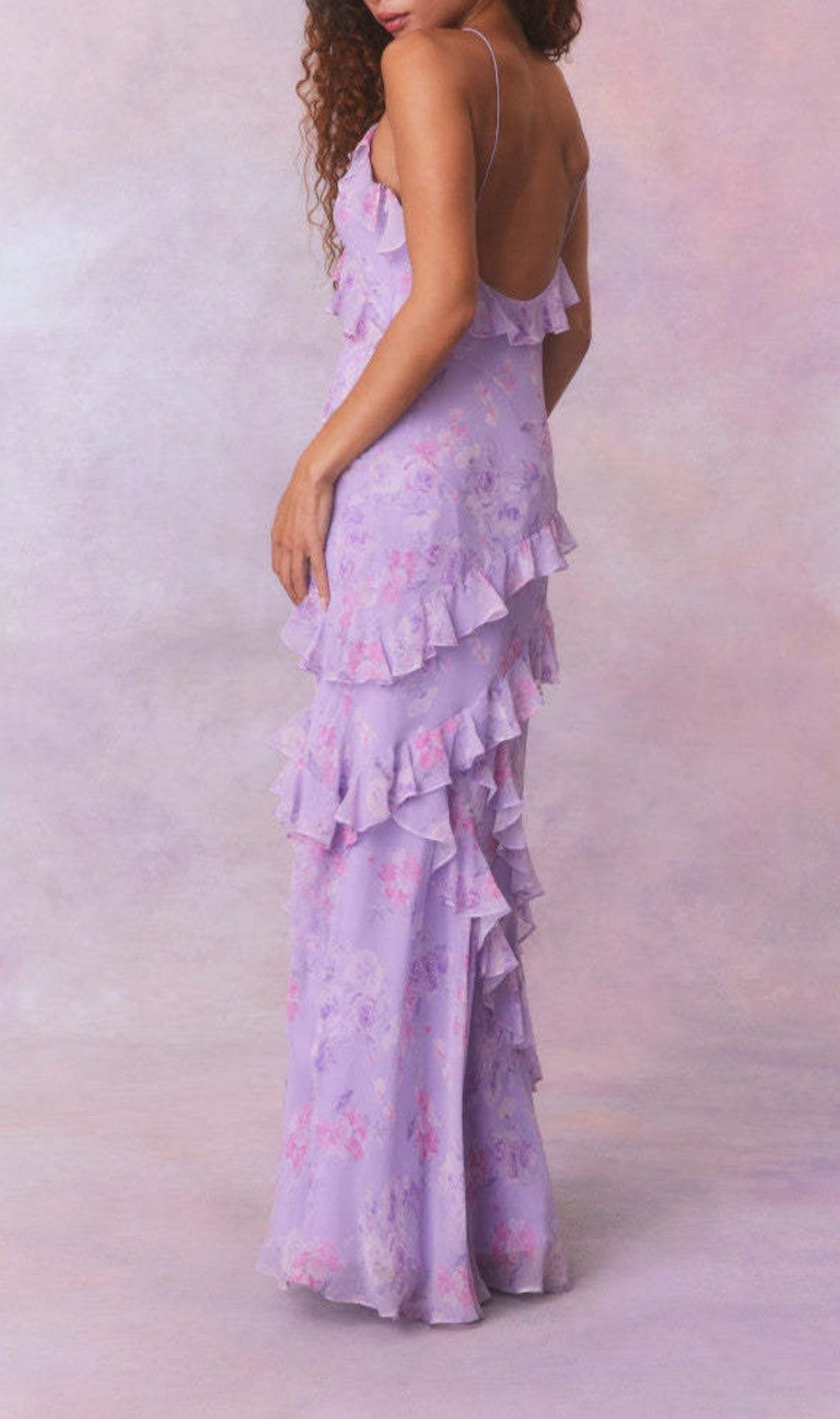 Labonita Purple Floral Ruffle Maxi Dress