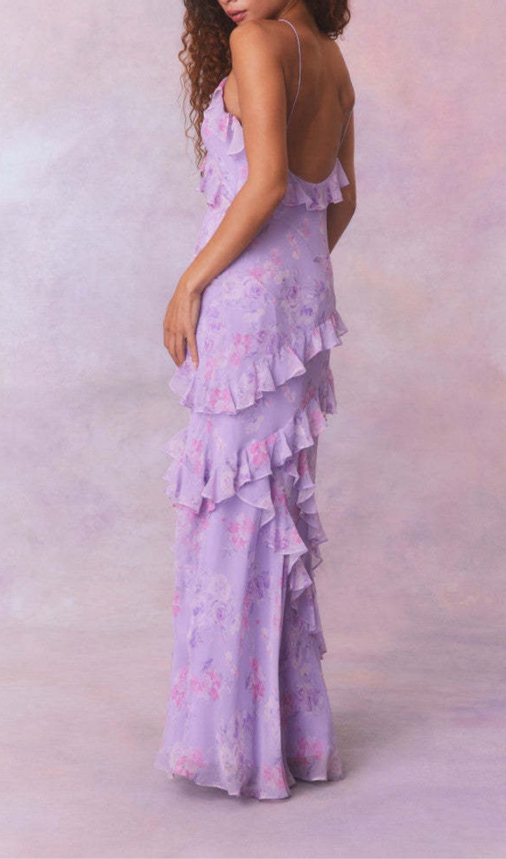 Labonita Purple Floral Ruffle Maxi Dress