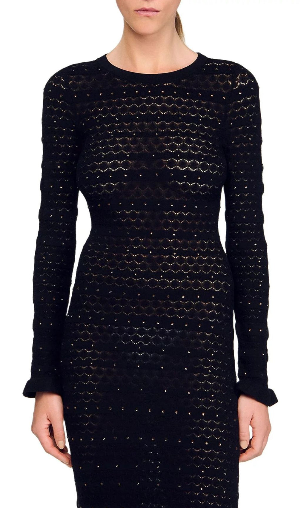 Glamorous Rhinestone Knit Maxi Dress with Ruffle Hem