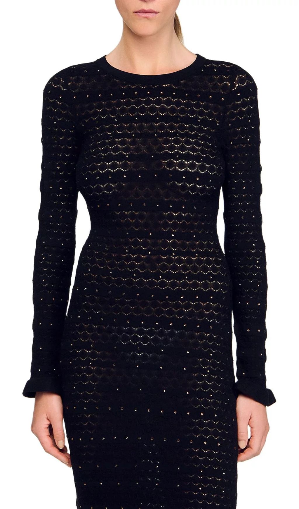 Glamorous Rhinestone Knit Maxi Dress with Ruffle Hem